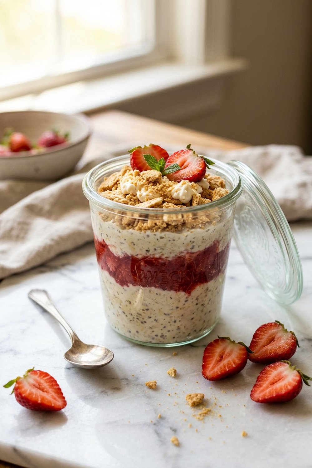 Strawberry cheesecake overnight oats in a jar with strawberry compote on top