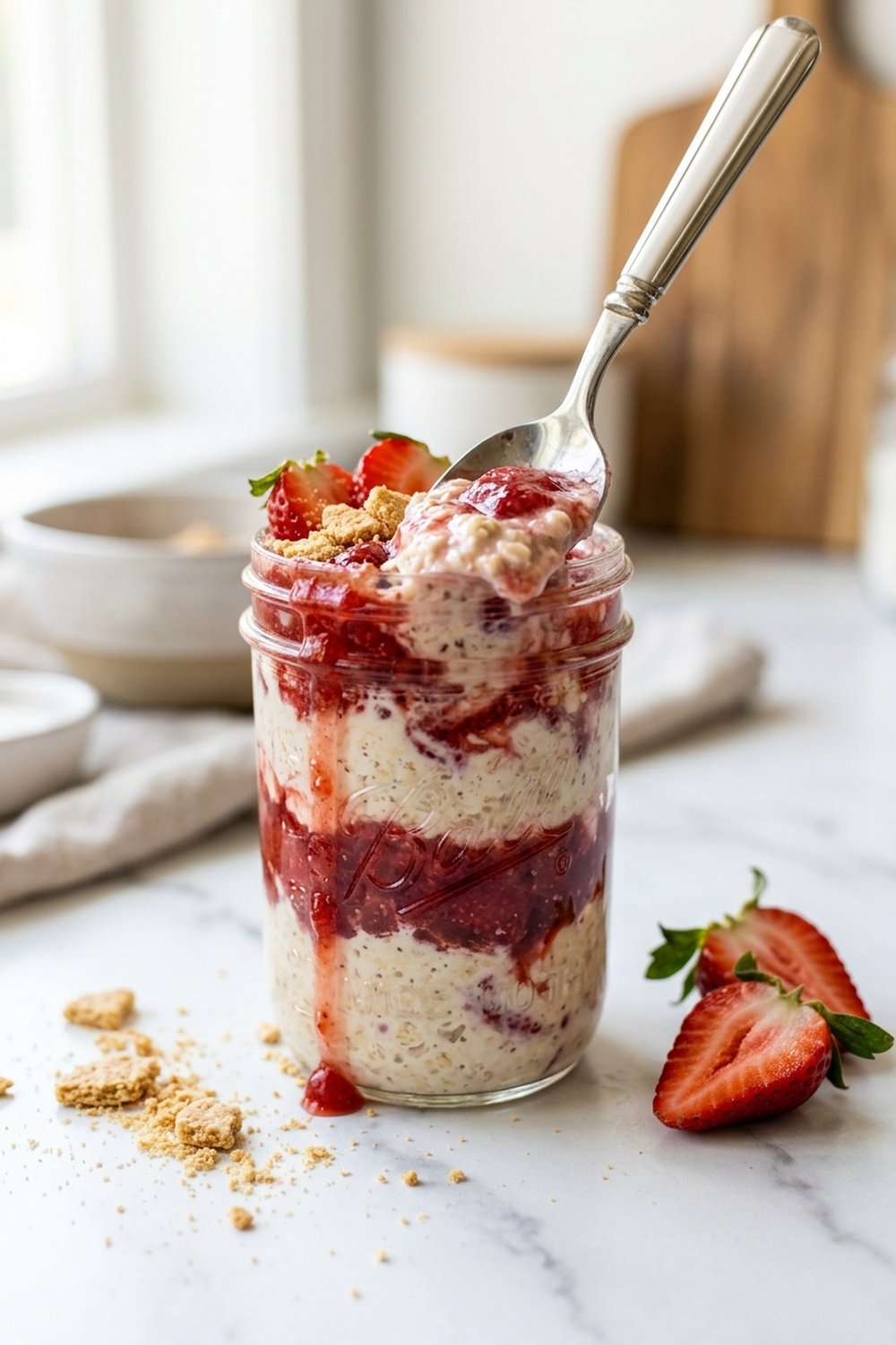 Close up of strawberry cheesecake overnight oats with spoon dipping in