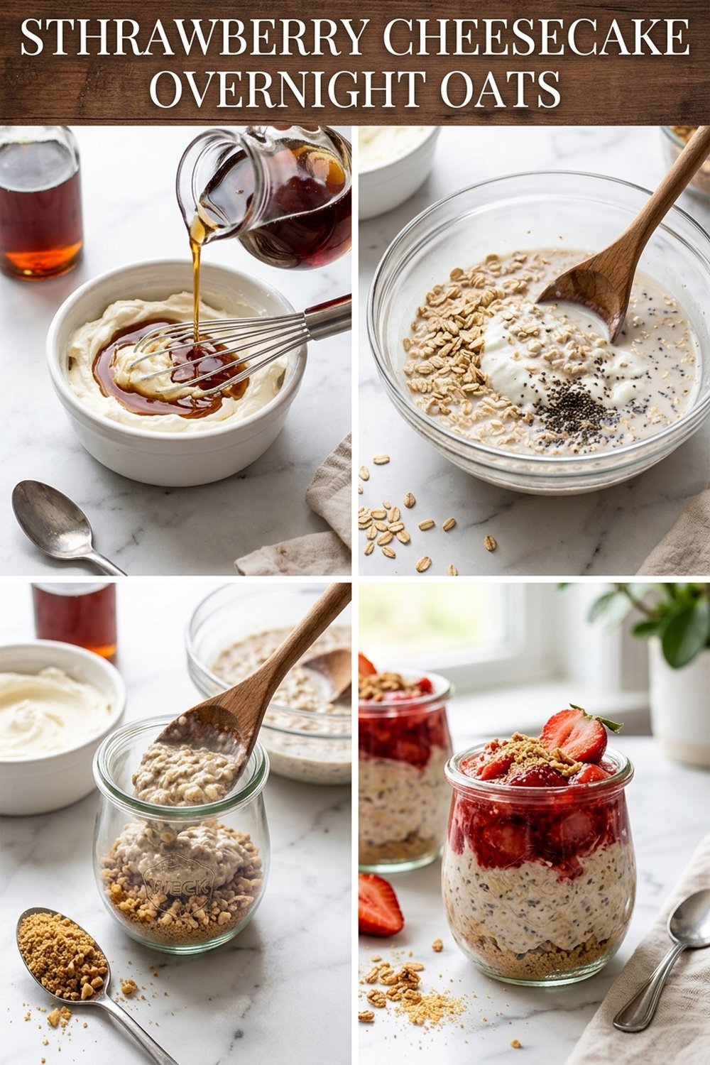 Four step process collage for strawberry cheesecake overnight oats