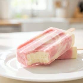 Close up of strawberry cheesecake popsicle