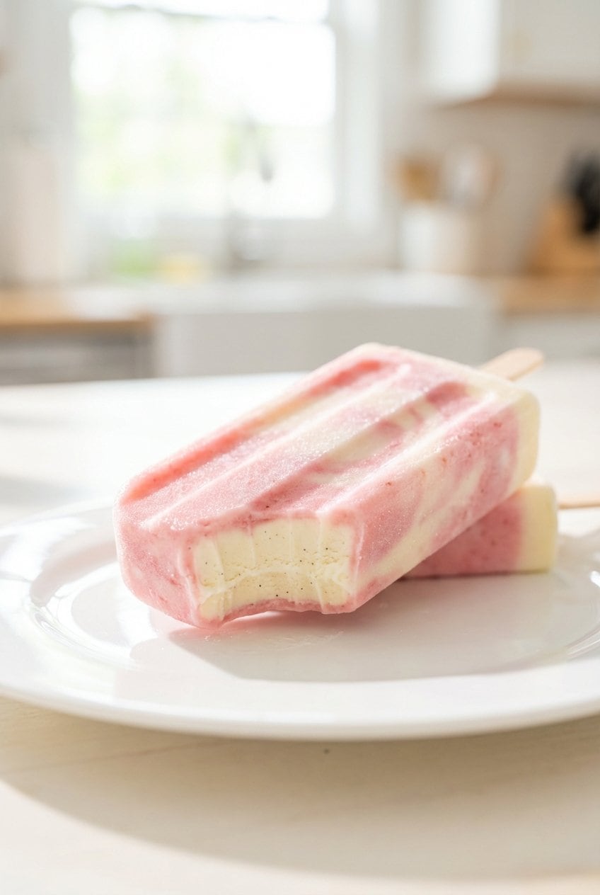 Close up of strawberry cheesecake popsicle