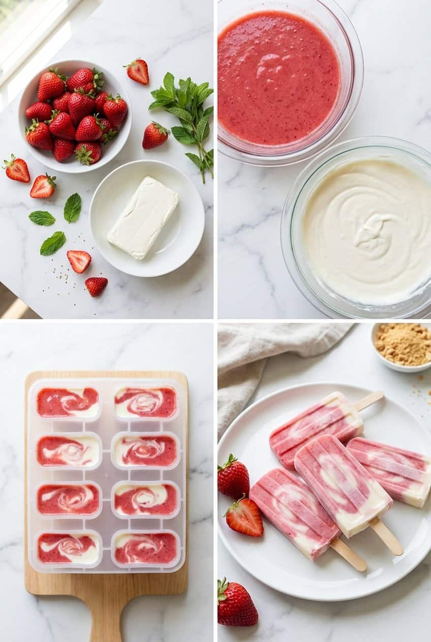 Step by step making strawberry cheesecake popsicles
