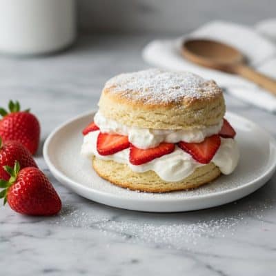Strawberry shortcake on a white ceramic plate on marble with fresh strawberries and whipped cream