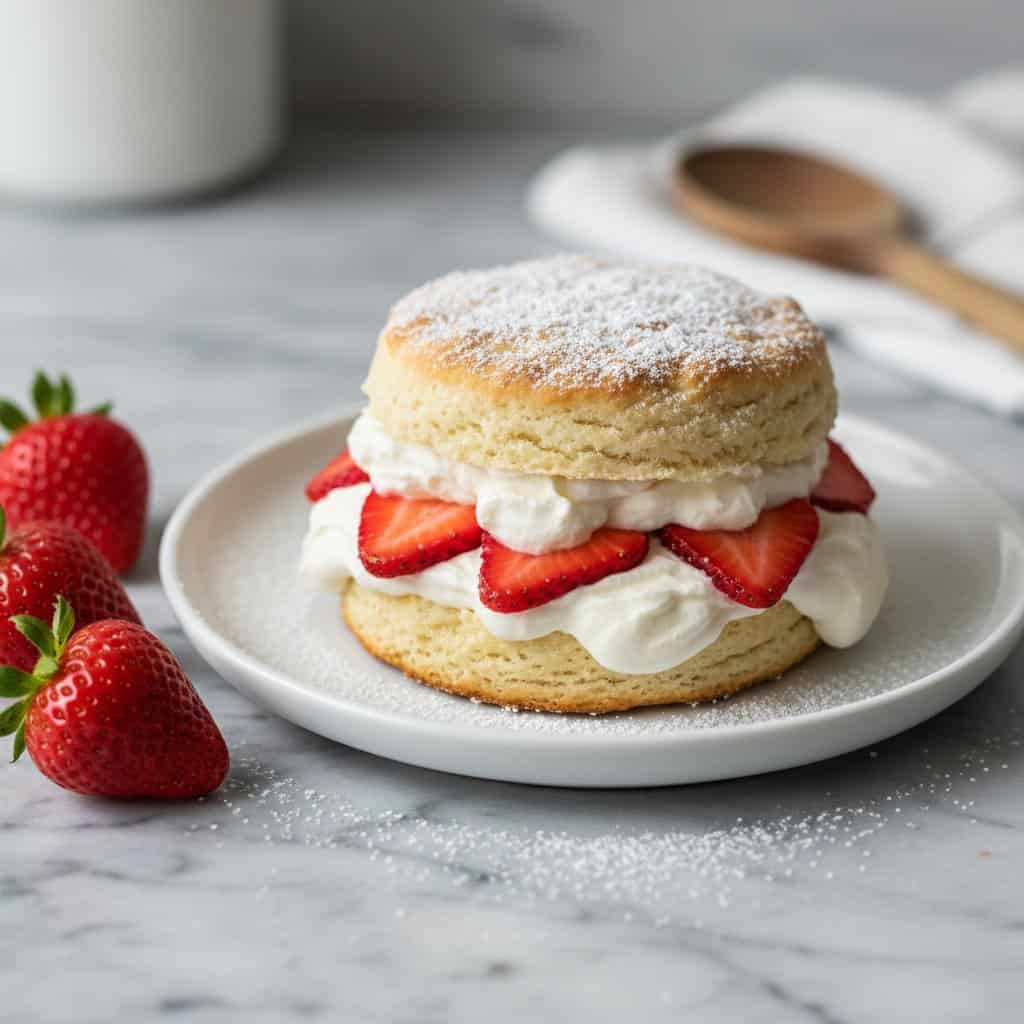 Strawberry shortcake on a white ceramic plate on marble with fresh strawberries and whipped cream