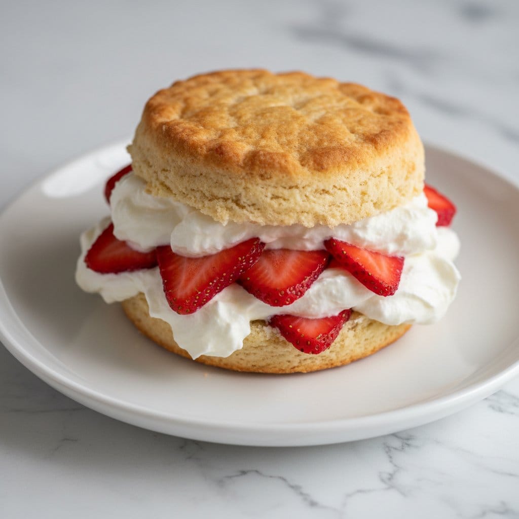 Close up of strawberry shortcake with layers of biscuit cream and macerated berries