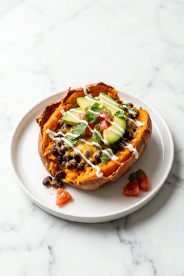 Black Bean Stuffed Sweet Potatoes served on a plate