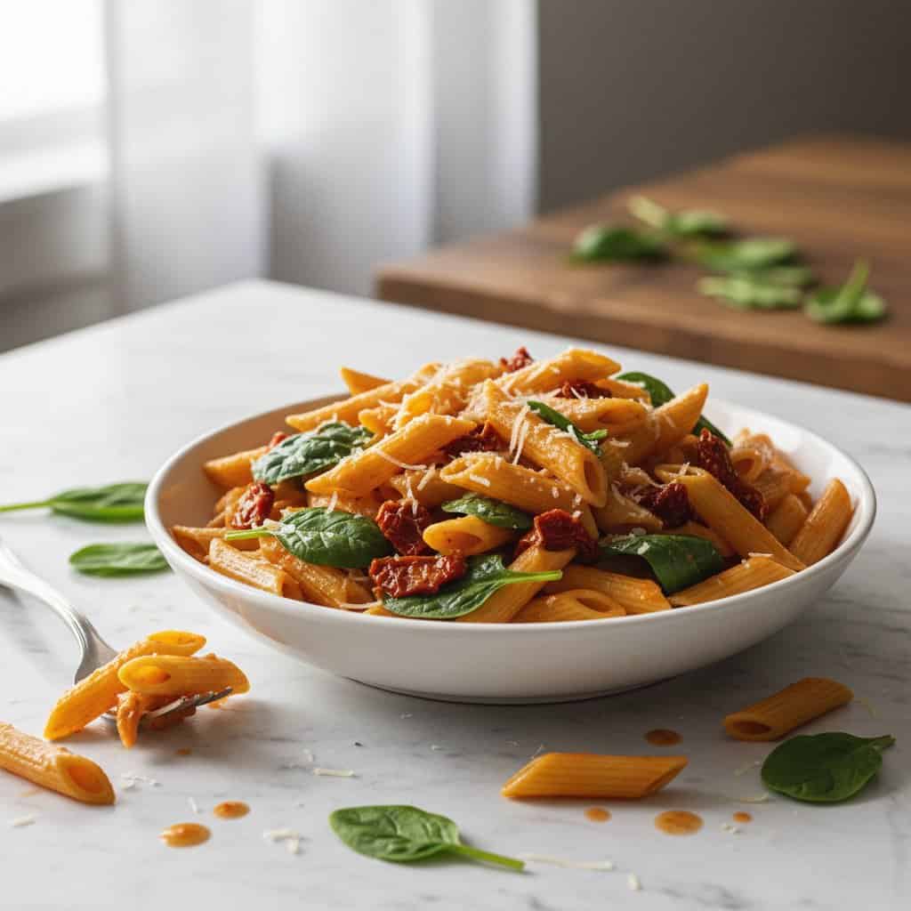 Sun dried tomato pasta in a white ceramic bowl on marble with fresh basil and parmesan