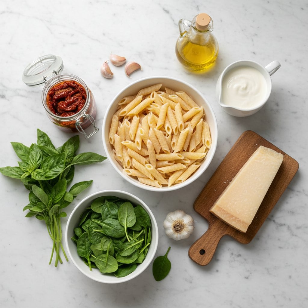 Raw ingredients for sun dried tomato pasta