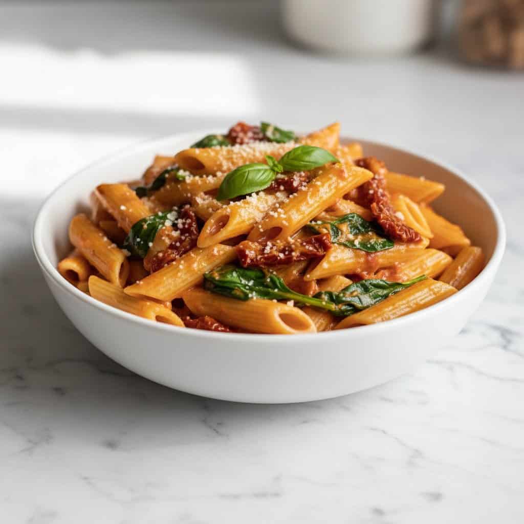 Close up of sun dried tomato pasta with creamy sauce and vibrant tomatoes