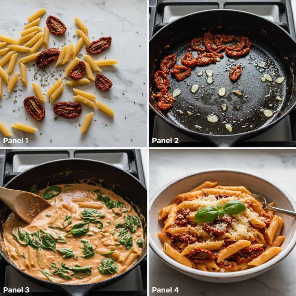 Step by step process of making sun dried tomato pasta