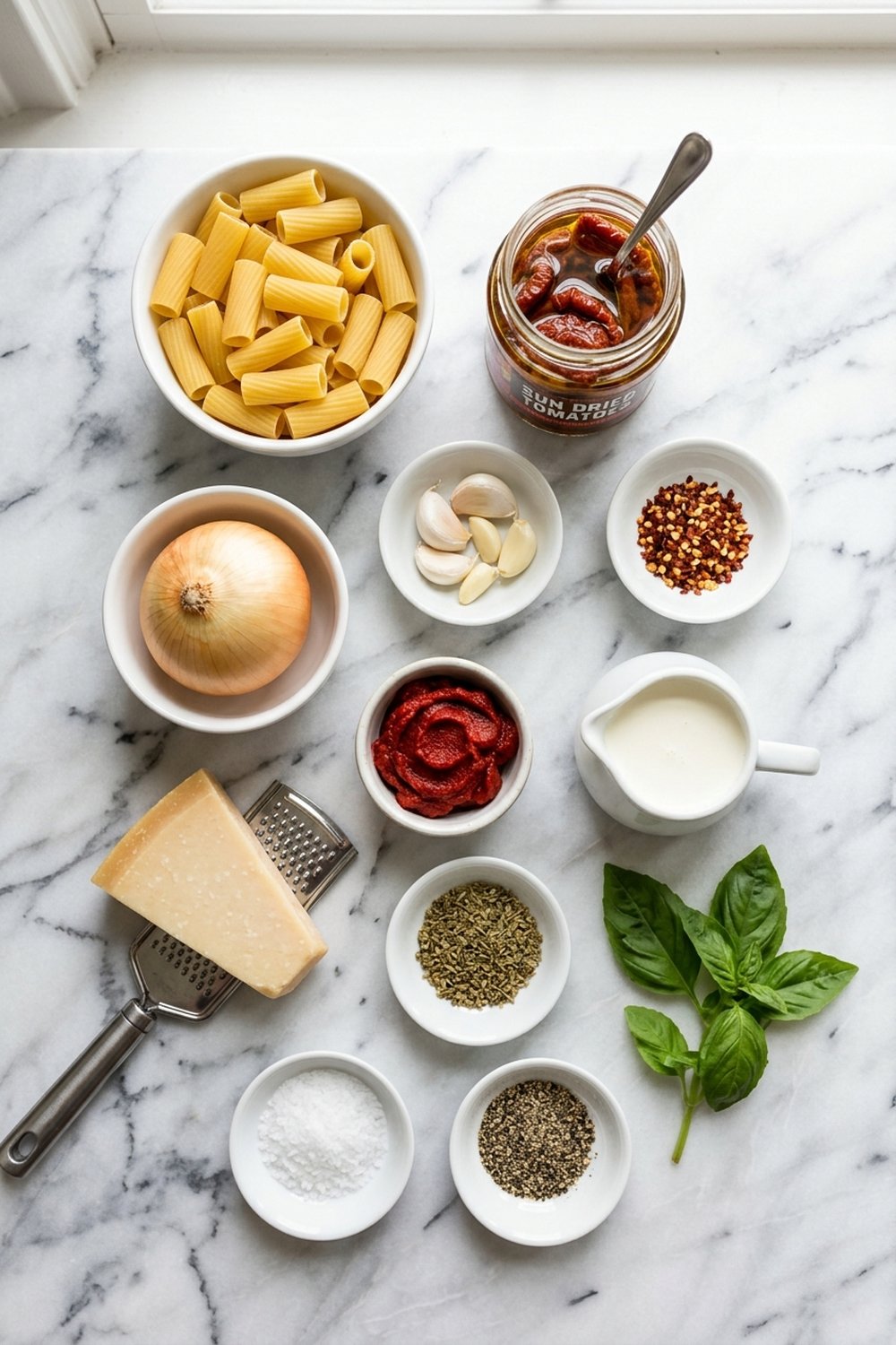 Flat lay of ingredients for sun dried tomato pasta on white marble