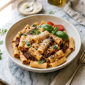 Sun dried tomato pasta with rigatoni creamy sauce and basil in white bowl