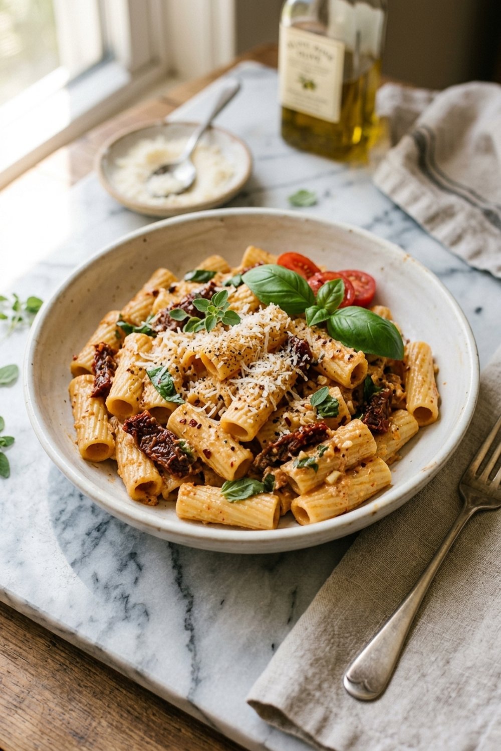 Sun dried tomato pasta with rigatoni creamy sauce and basil in white bowl