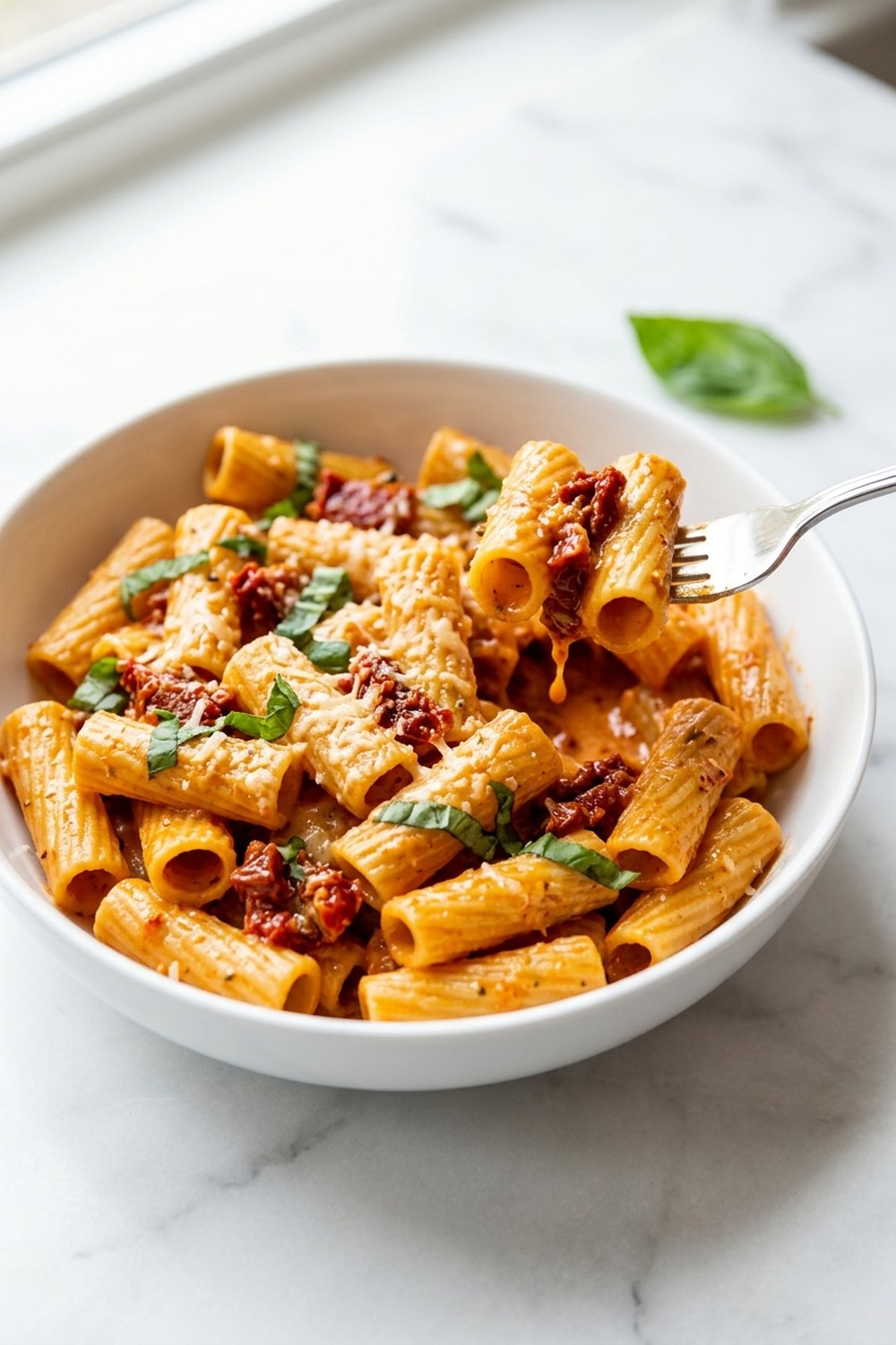 Close up of sun dried tomato pasta with creamy sauce and fresh basil