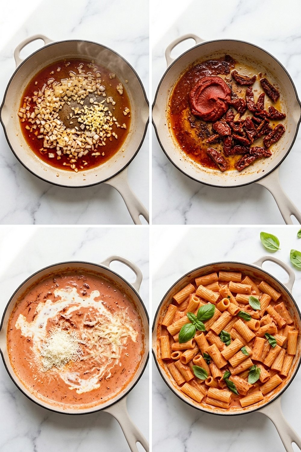 Four step process collage for sun dried tomato pasta