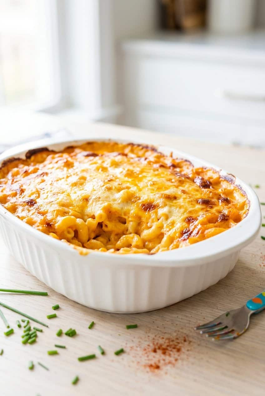 Creamy sweet potato mac and cheese in a white baking dish