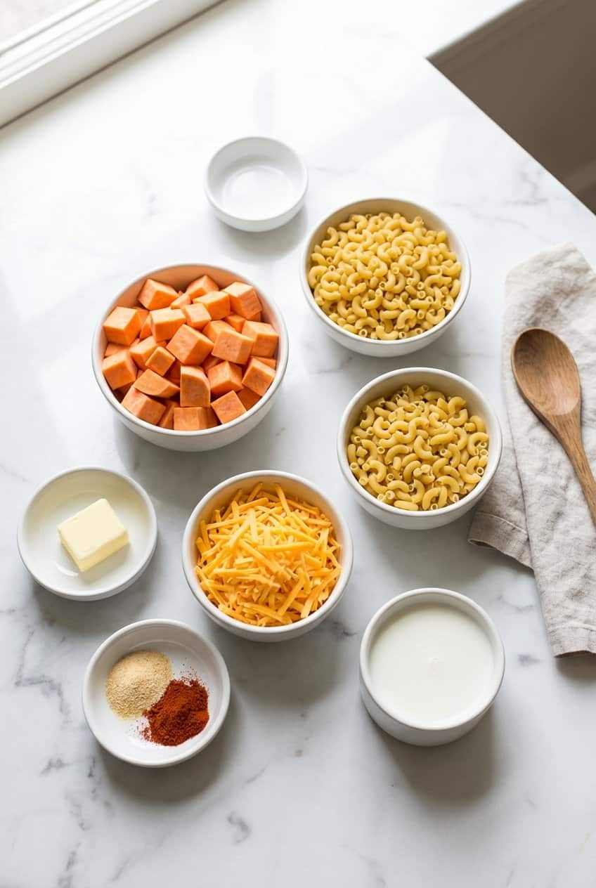 Raw ingredients for sweet potato mac and cheese