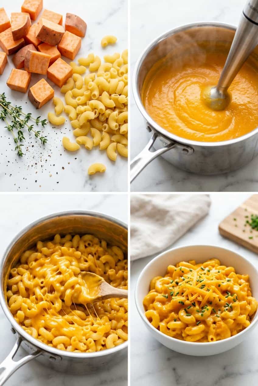 Step by step making sweet potato mac and cheese