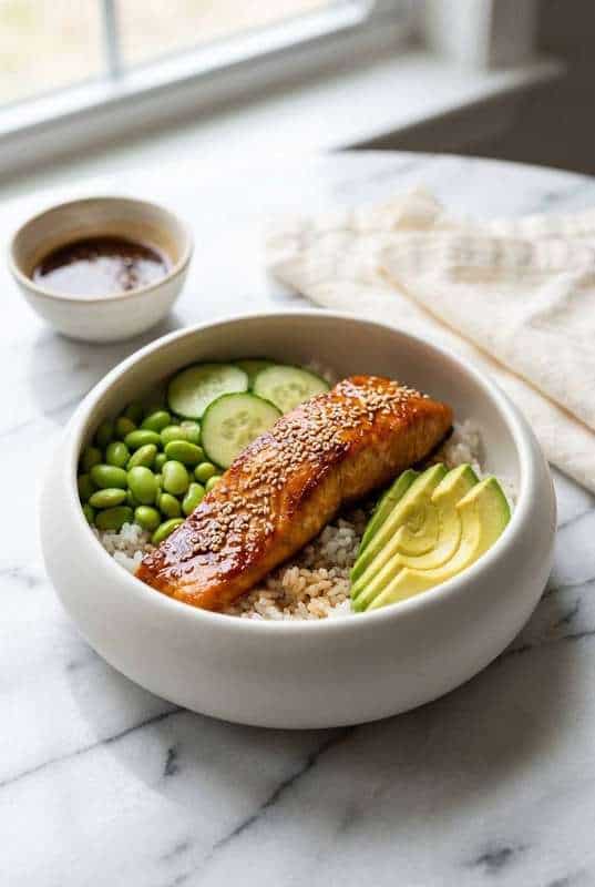 Teriyaki salmon rice bowl with sesame seeds and green onion