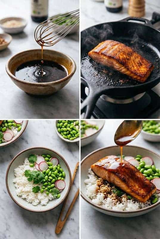 Step by step process of making teriyaki salmon rice bowl