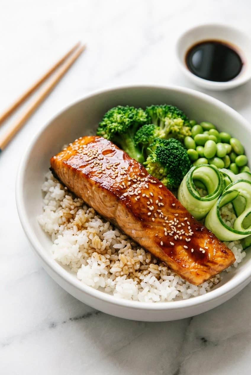Single serving of teriyaki salmon rice bowl with glaze and sesame seeds