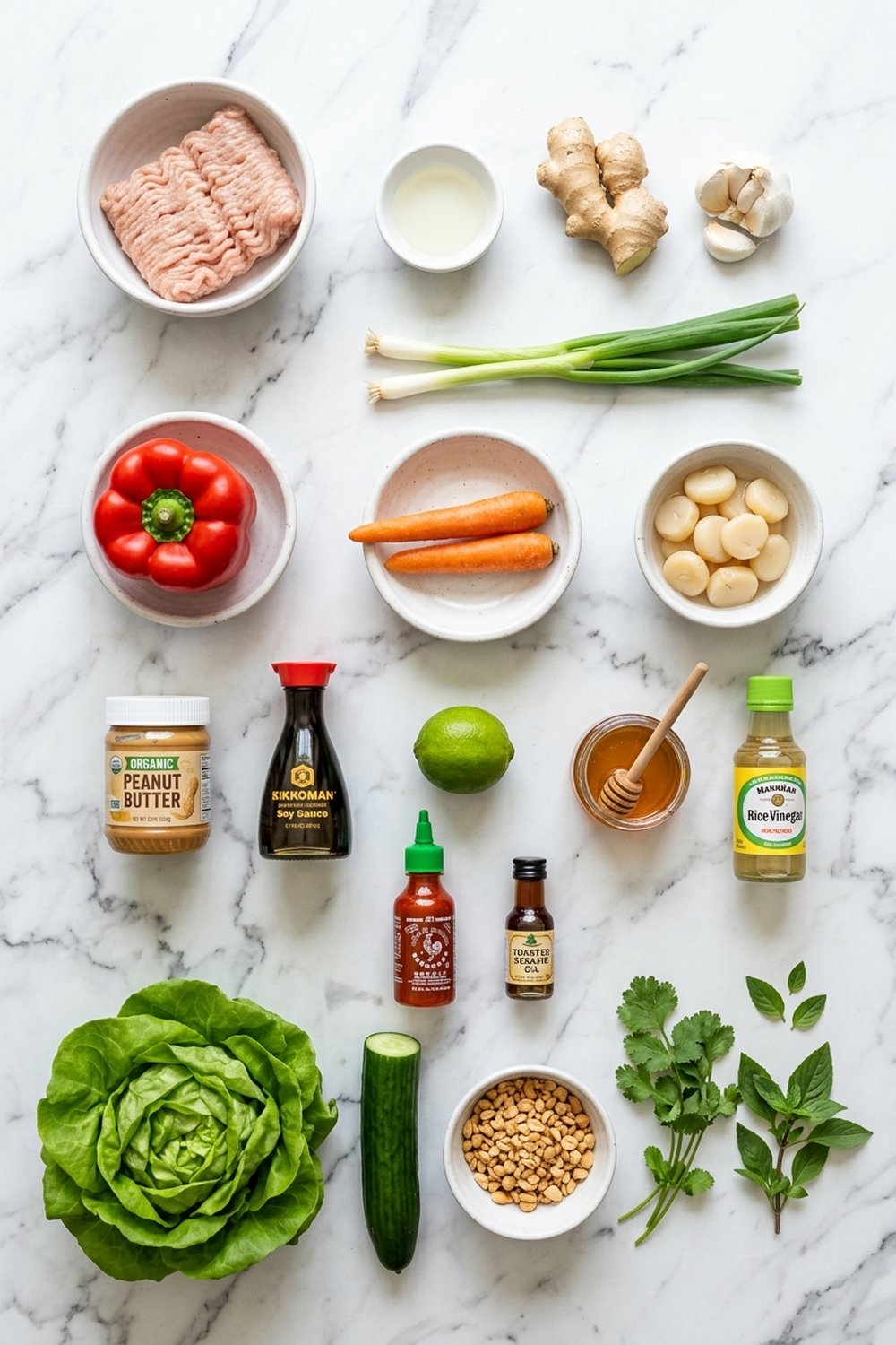 Flat lay of ingredients for Thai peanut chicken lettuce wraps on white marble