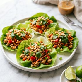 Thai peanut chicken lettuce wraps with ground chicken peanuts and cilantro
