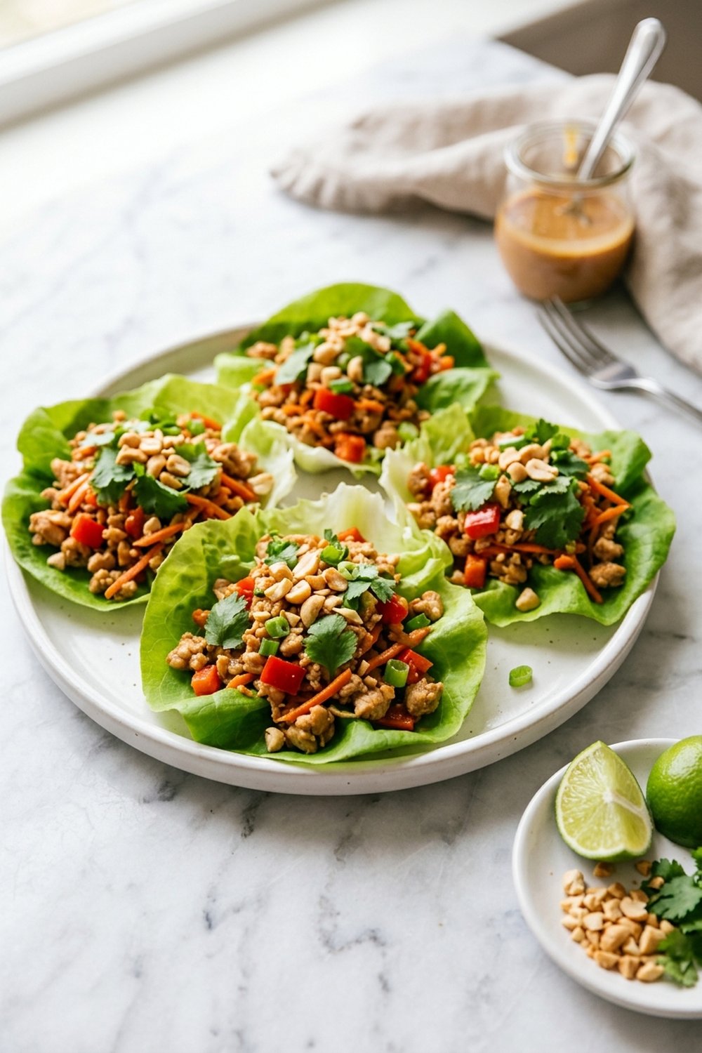 Thai peanut chicken lettuce wraps with ground chicken peanuts and cilantro