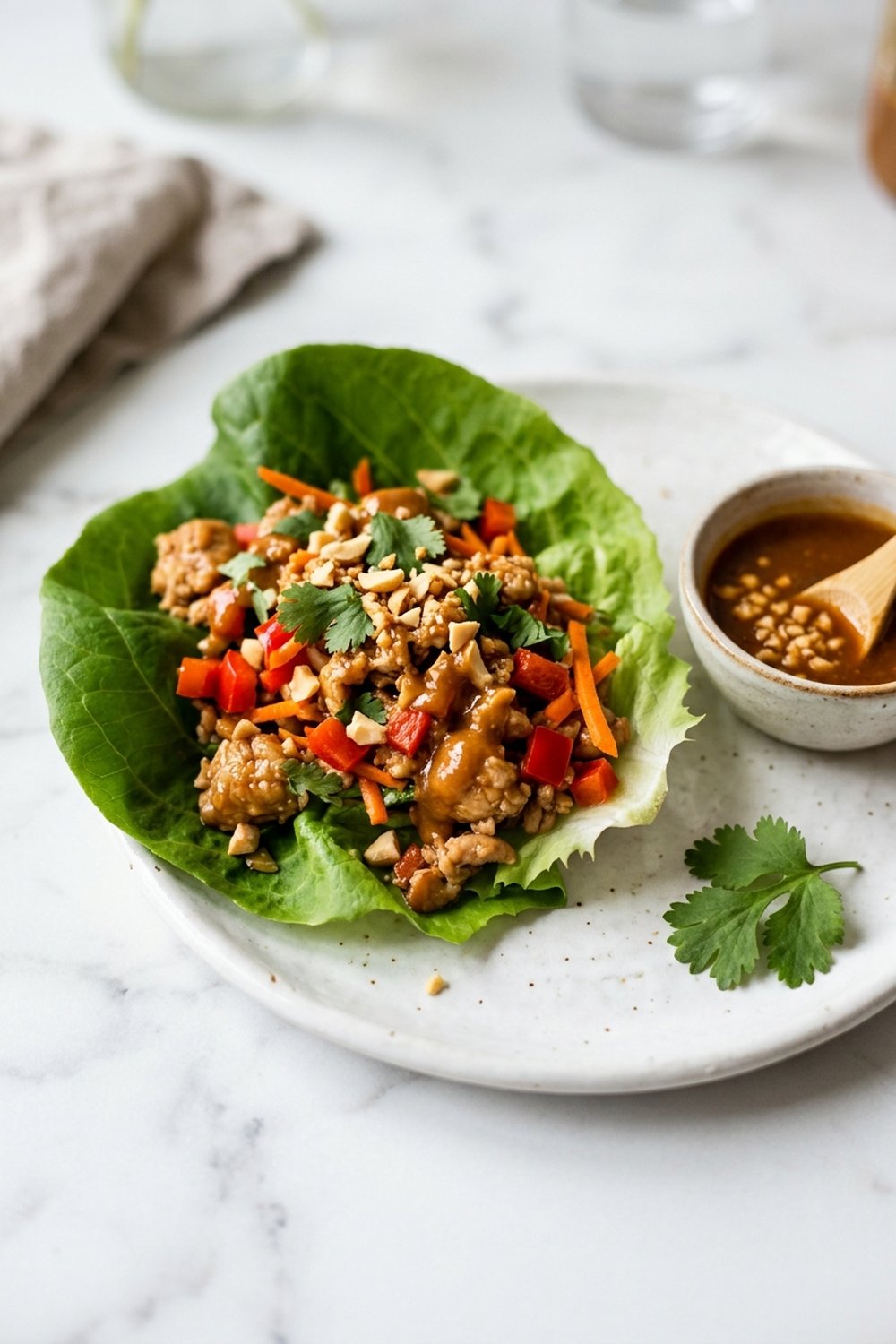 Close up of Thai peanut chicken lettuce wrap with glossy peanut sauce