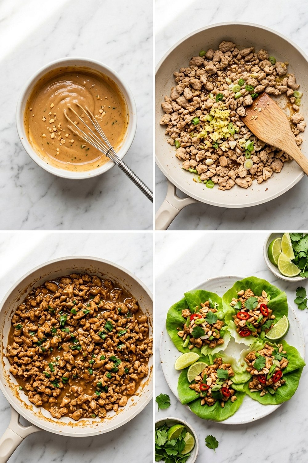 Four step process collage for Thai peanut chicken lettuce wraps