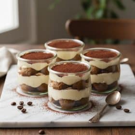 Tiramisu cups in clear glasses on marble dusted with cocoa powder