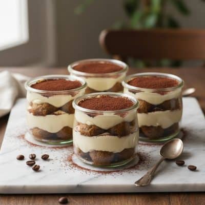 Tiramisu cups in clear glasses on marble dusted with cocoa powder