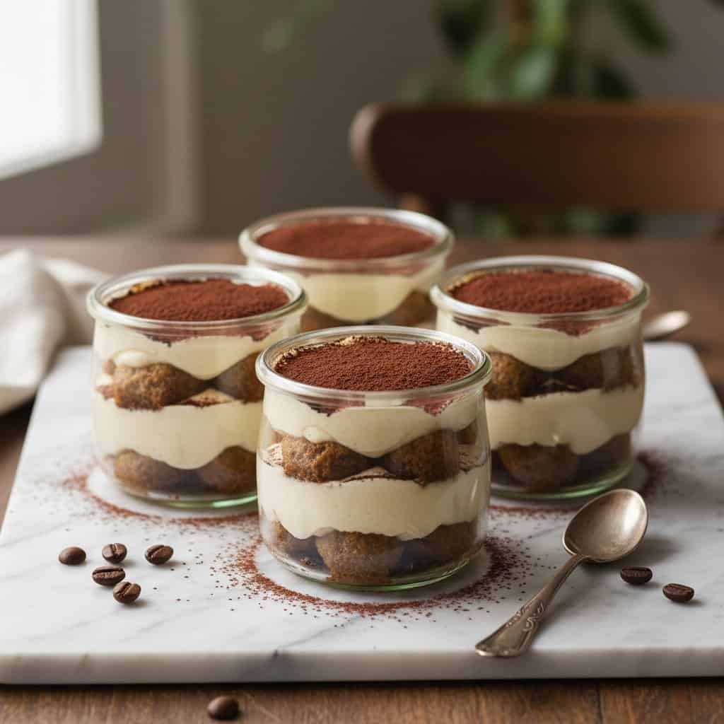 Tiramisu cups in clear glasses on marble dusted with cocoa powder