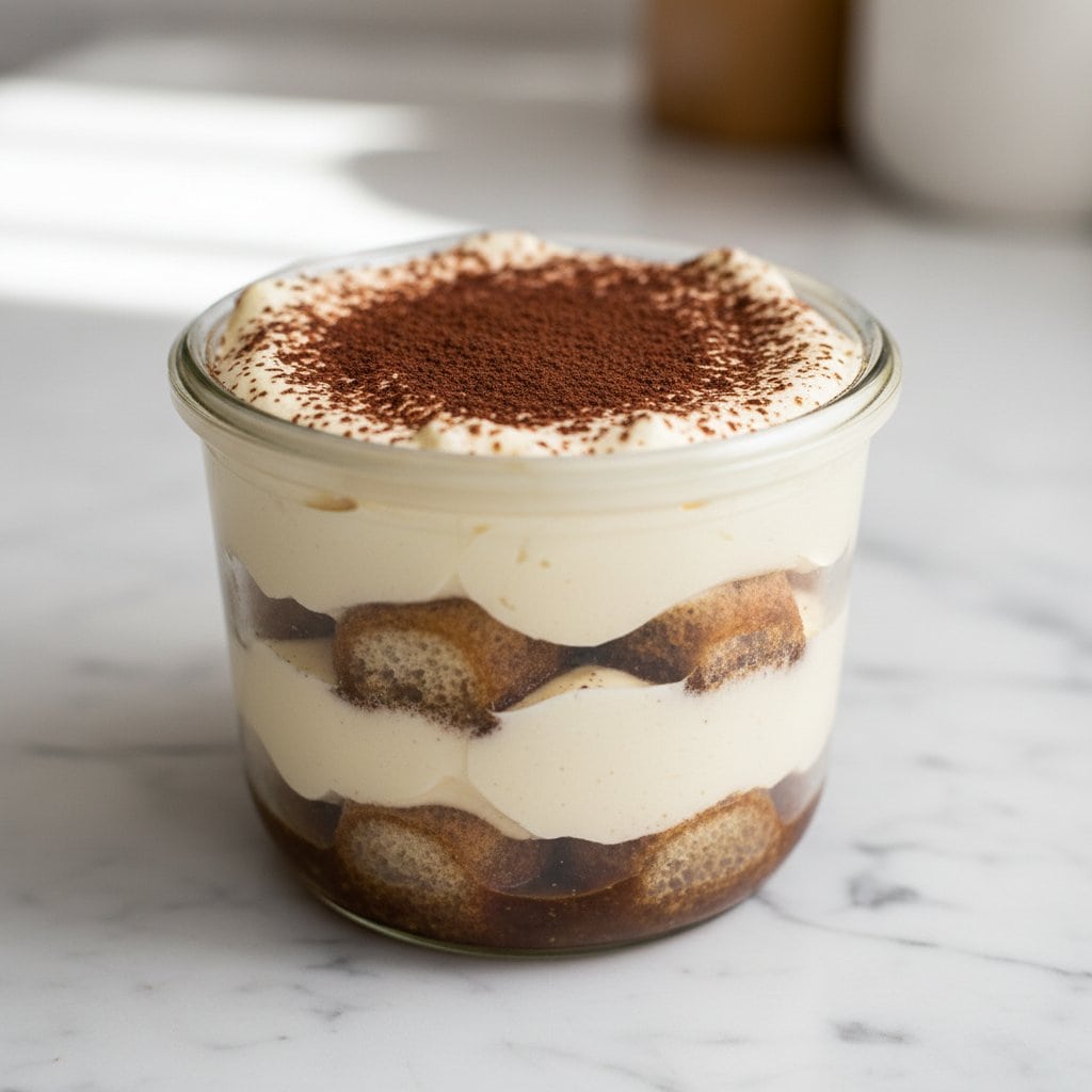 Close up of tiramisu cup showing layers of mascarpone cream and espresso soaked ladyfingers