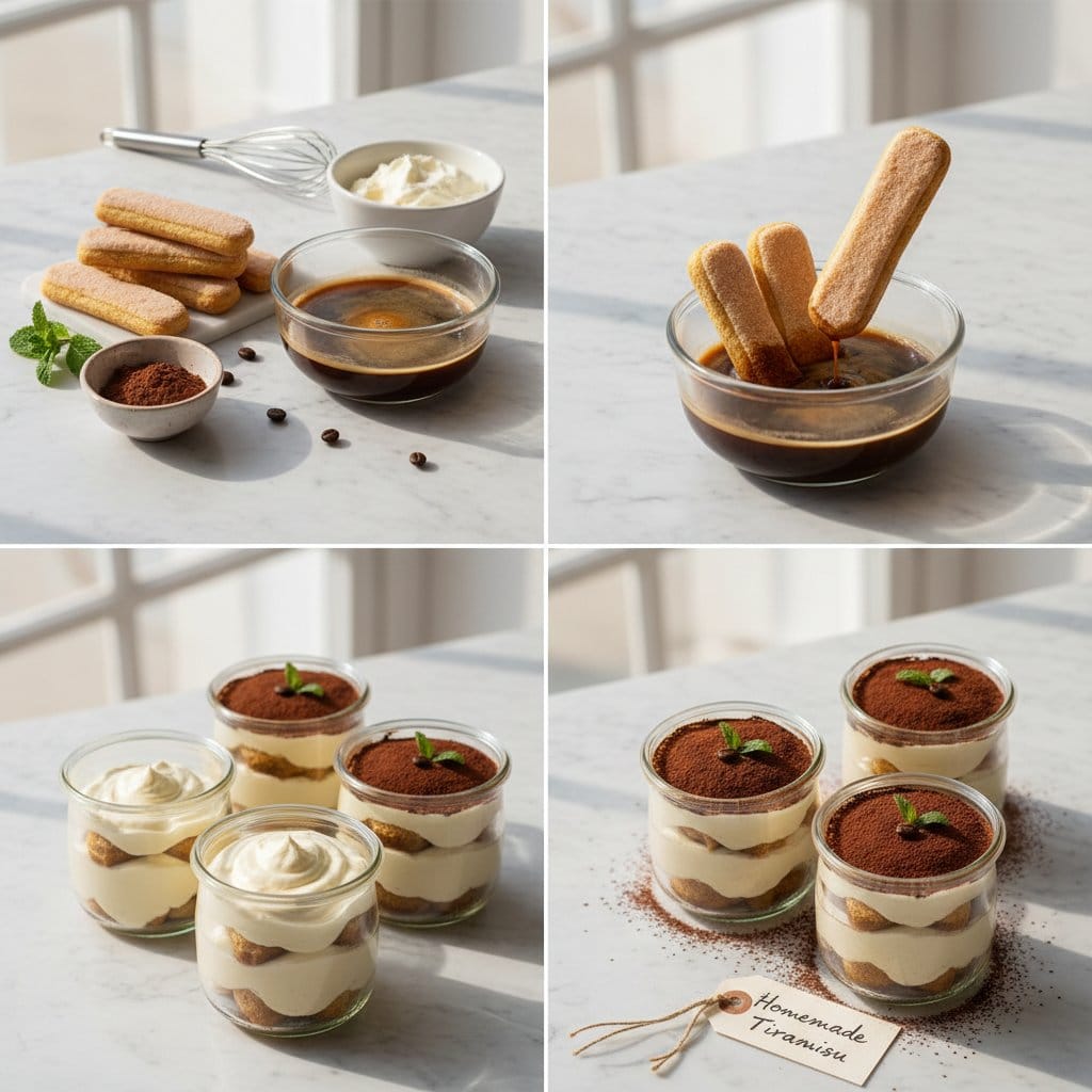 Step by step process of making tiramisu cups