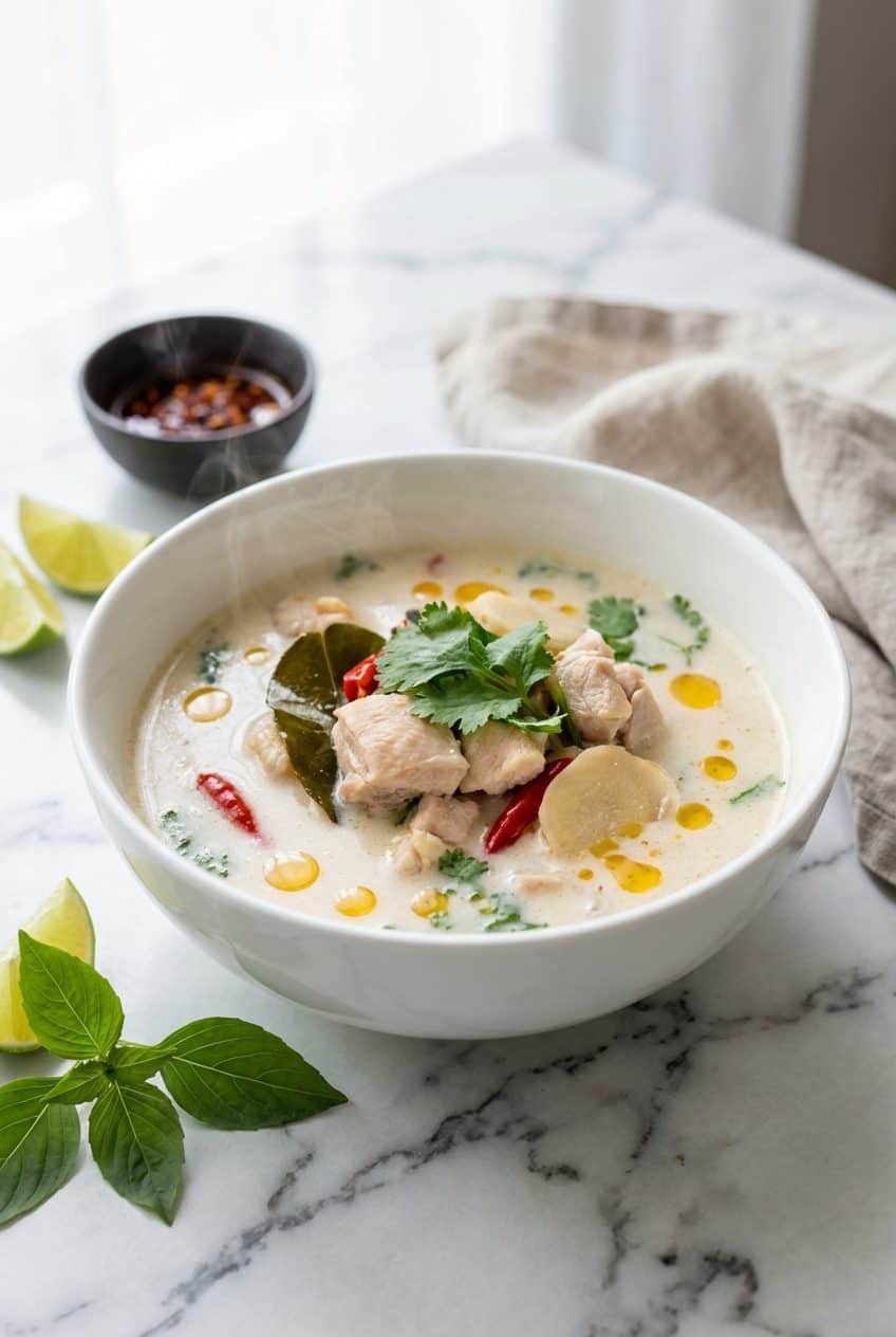 Tom kha gai Thai coconut soup in a white bowl with lime and Thai basil