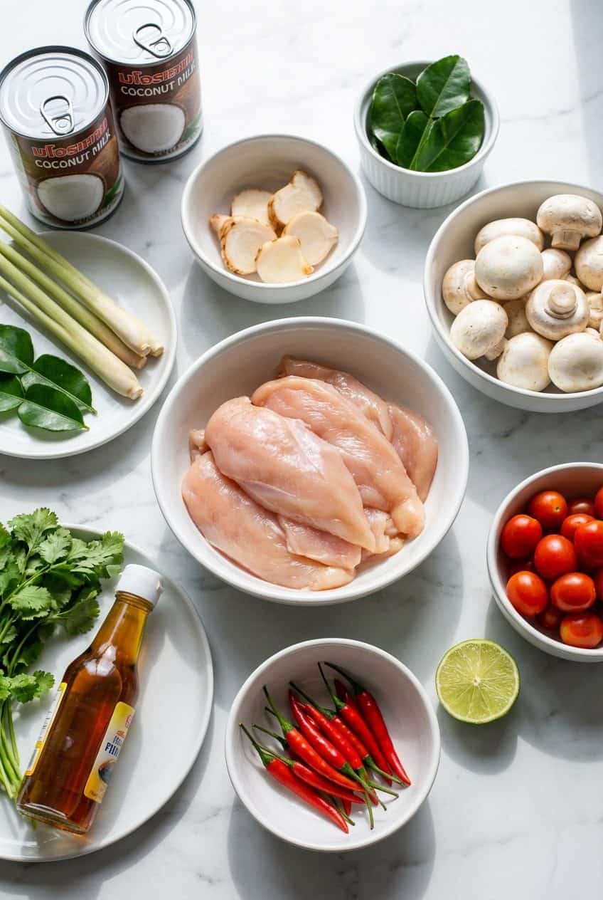 Raw ingredients for tom kha gai in white bowls on marble