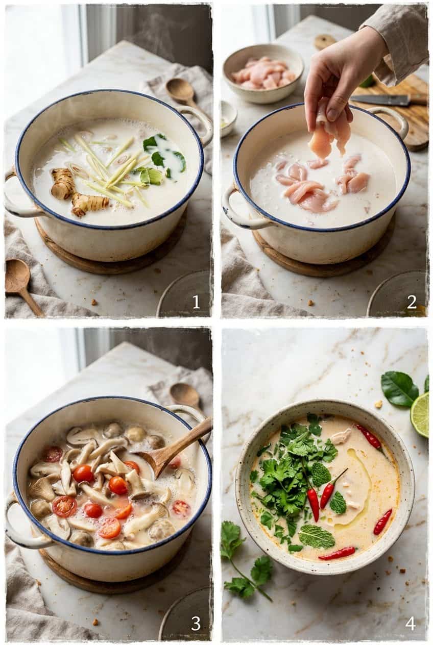 Step by step process of making tom kha gai