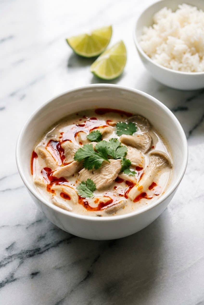 Single serving of tom kha gai in a white bowl with cilantro and chili oil