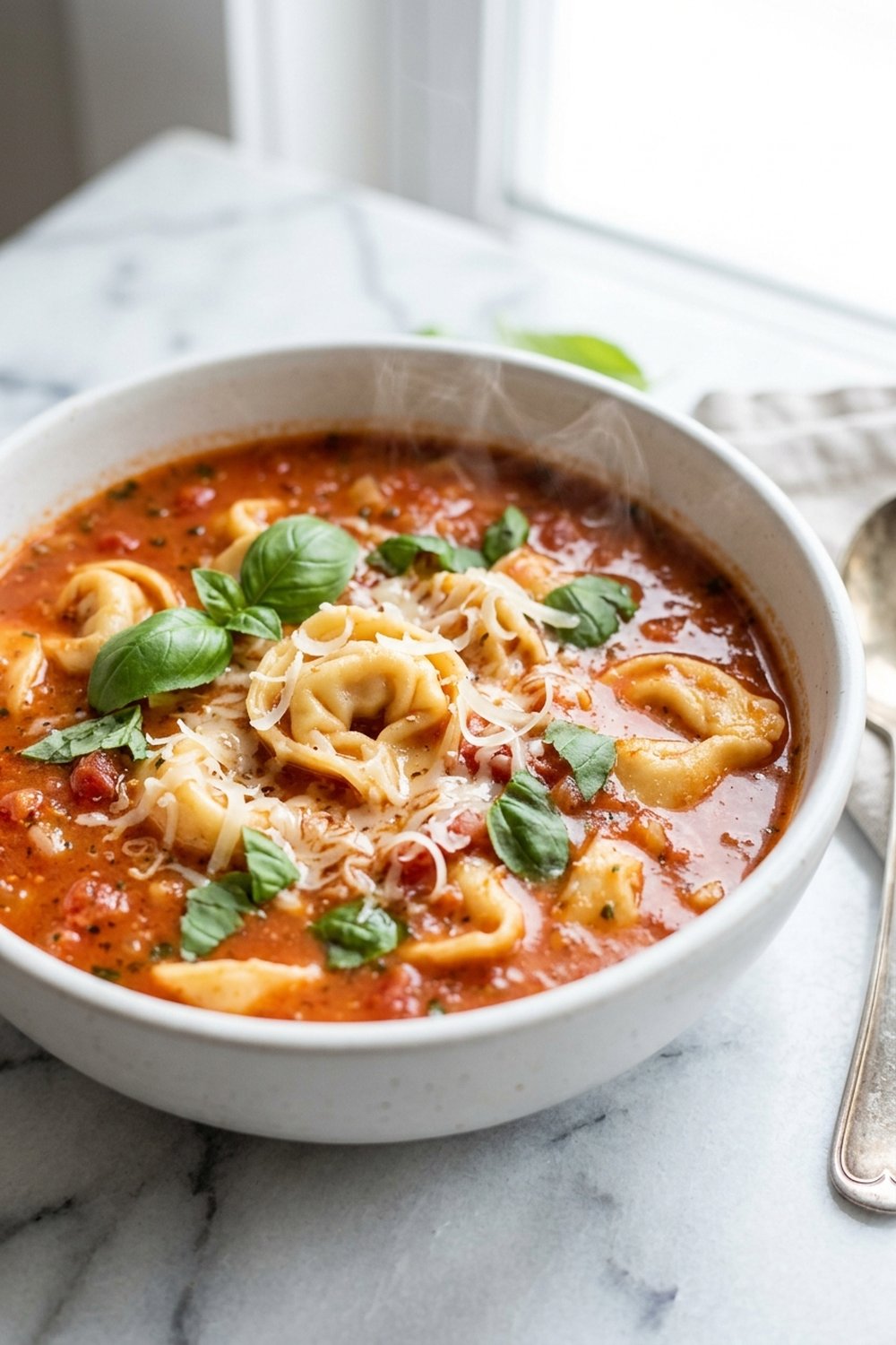 Tomato Tortellini Soup close up