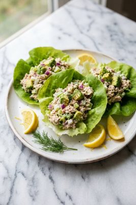 Tuna Avocado Salad Lettuce Wraps served on a plate