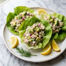 Tuna Avocado Salad Lettuce Wraps served on a plate