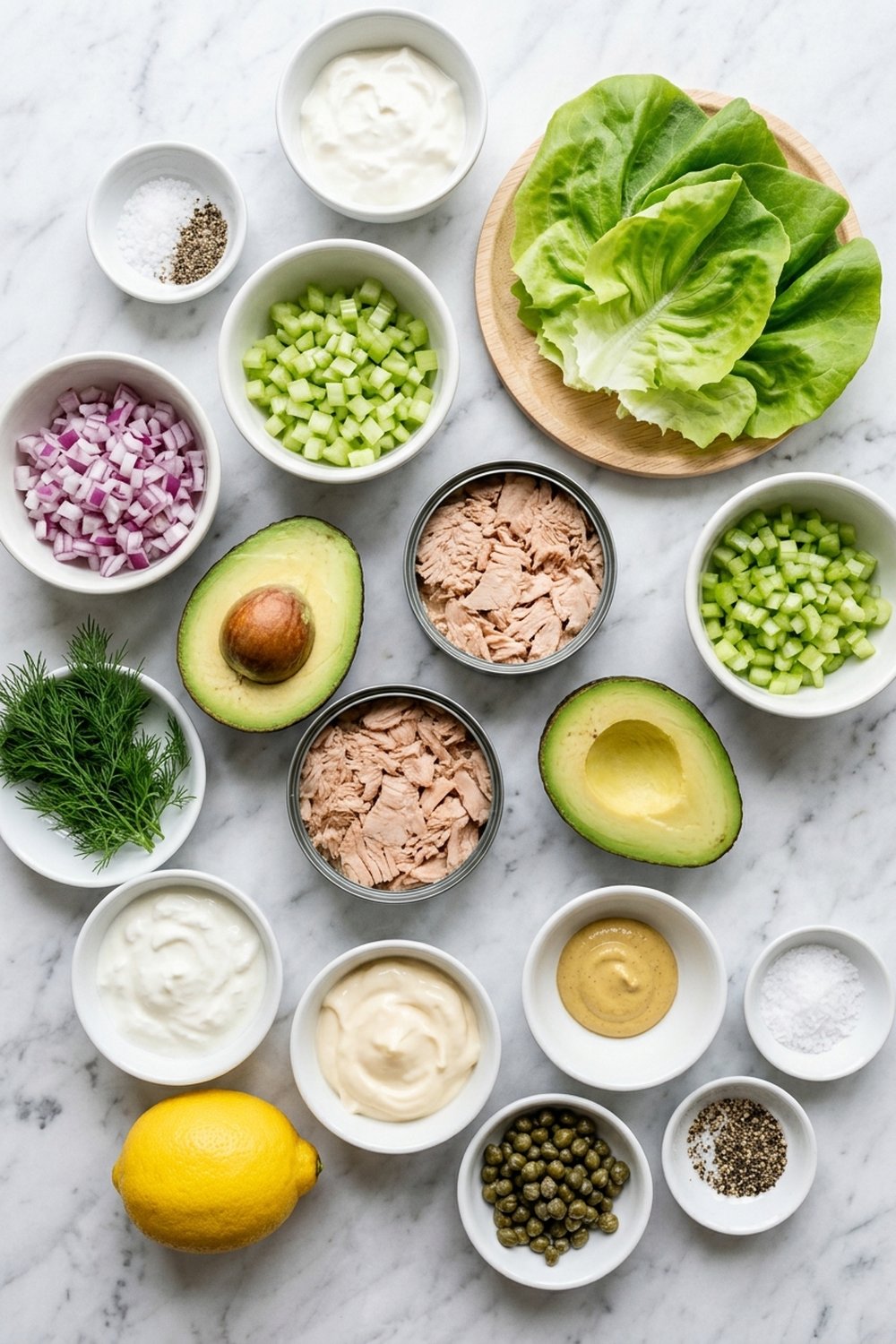 Ingredients for Tuna Avocado Salad Lettuce Wraps
