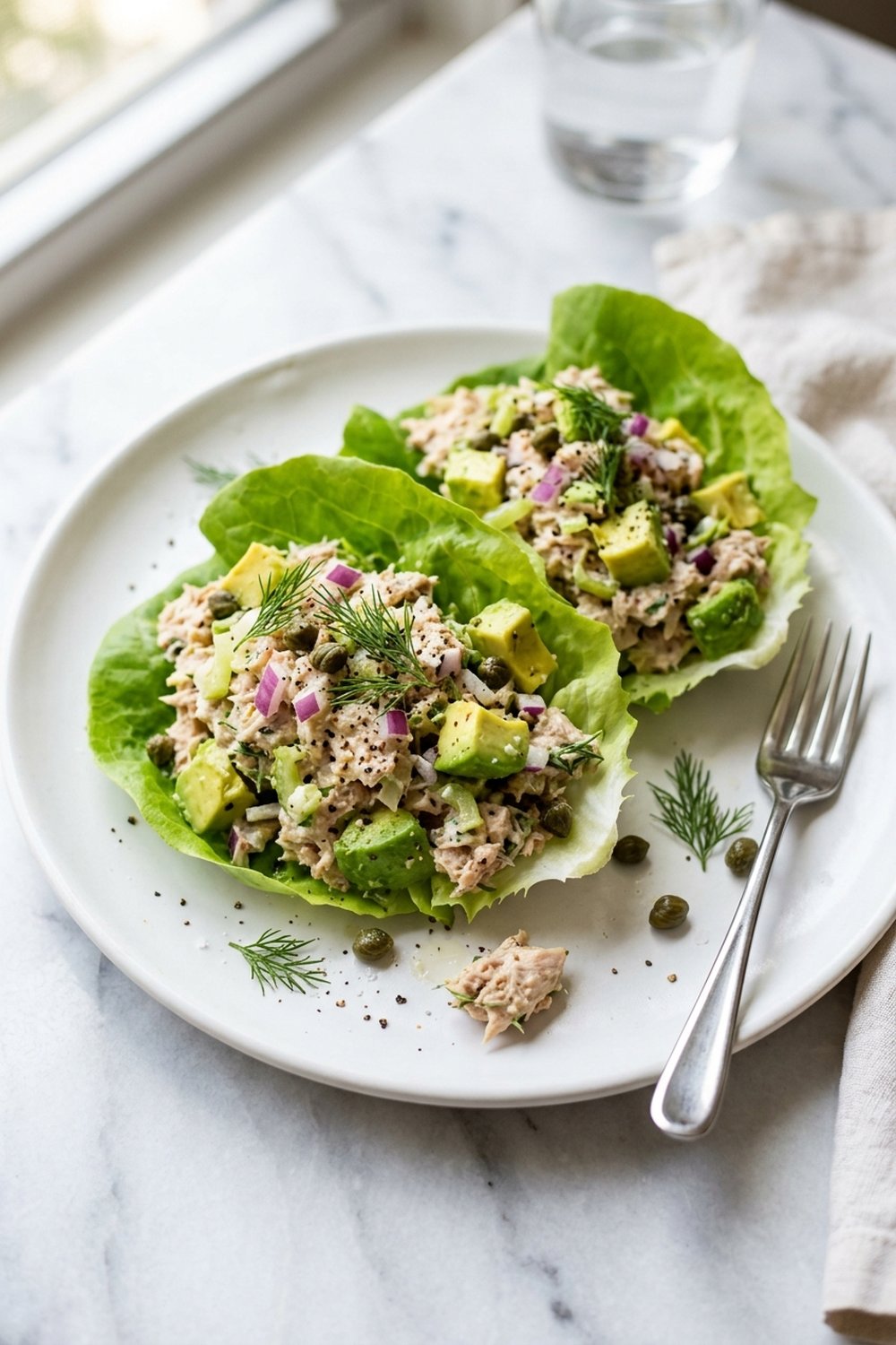 Tuna Avocado Salad Lettuce Wraps close up