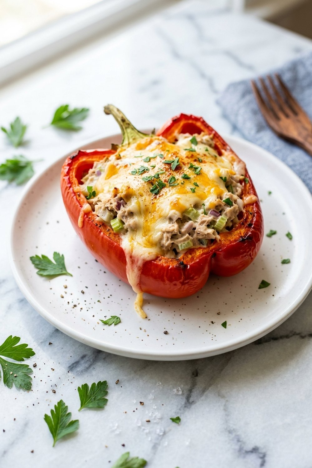 Tuna Melt Stuffed Peppers close up