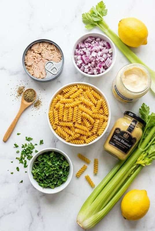 Raw ingredients for tuna pasta salad