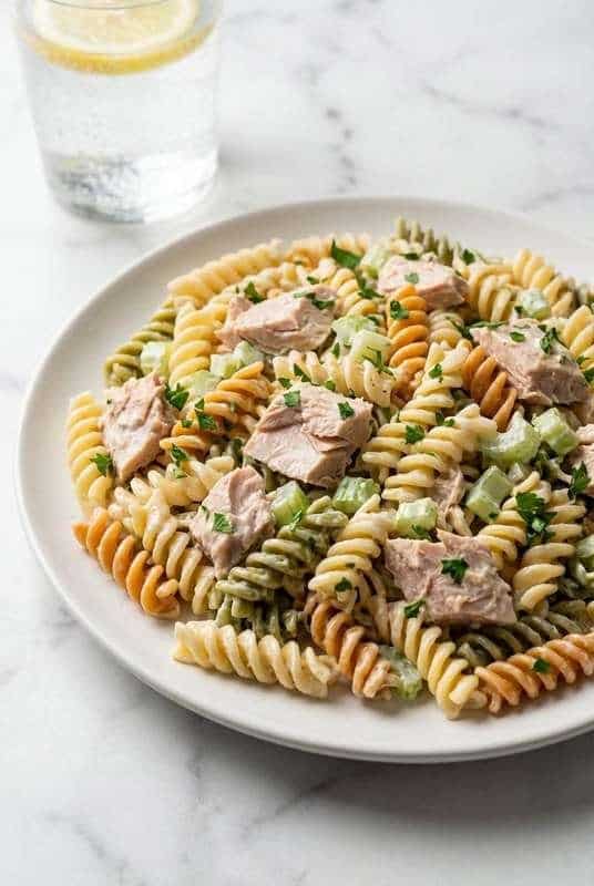 Close up of tuna pasta salad