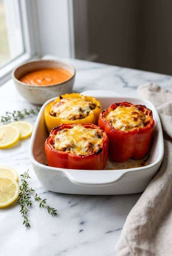 Turkey stuffed bell peppers in a baking dish