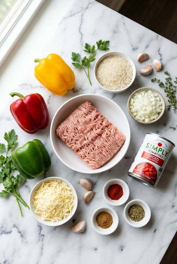 Raw ingredients for turkey stuffed bell peppers