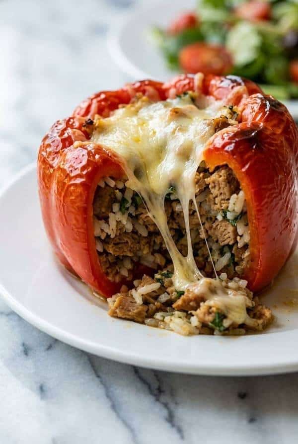 Close up of turkey stuffed bell pepper